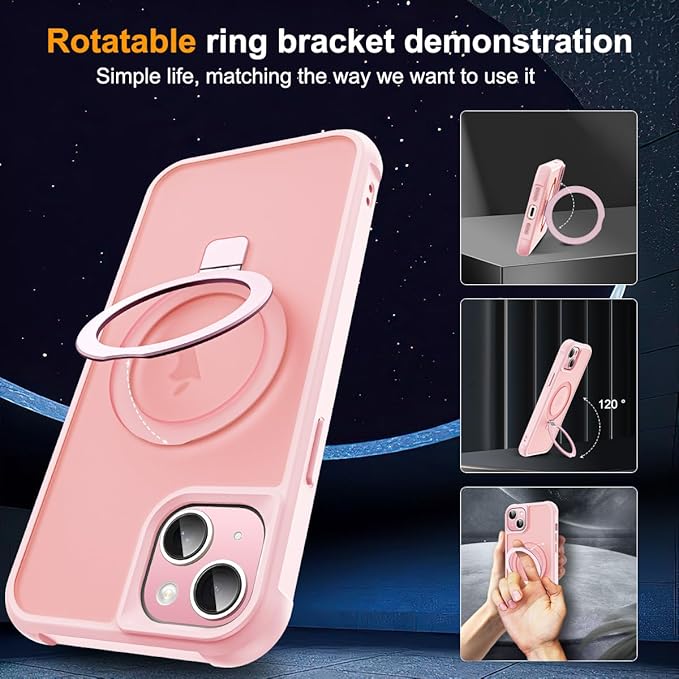 SKYLMW Compatible with iPhone 13 Case & iPhone 14 Case with Invisible Magnetic O-Ring Stand Translucent Phone Cases for 13 & 14 6.1" [Compatible with Mag-Safe][Great Grip Feeling], Pink