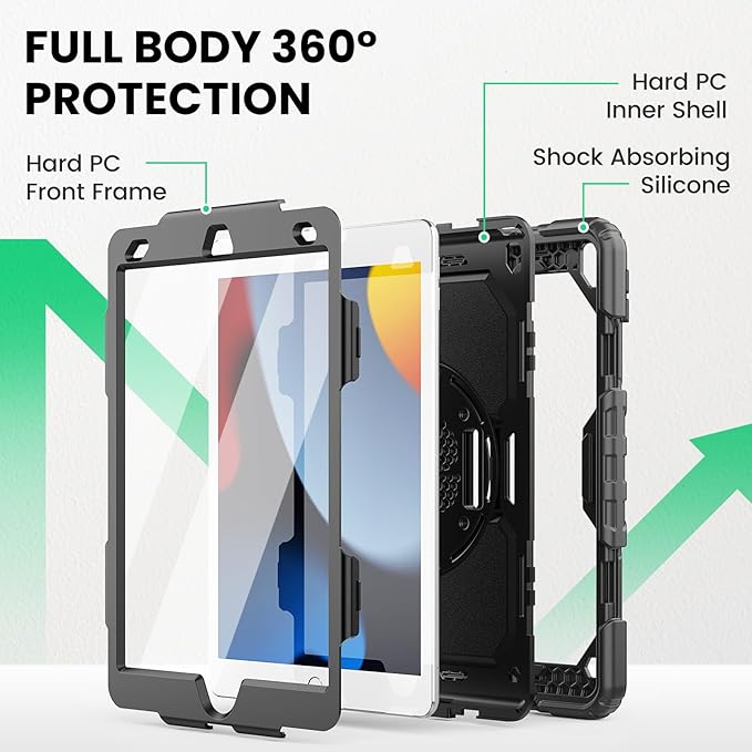 SEYMAC for iPad 9th/8th/7th Generation Case 10.2" 2021-2019, Full-Body Shockproof Heavy Duty Protective Case with Screen Protector, 360° Rotating Stand/Handle/Shoulder Strap for iPad 10.2, Black