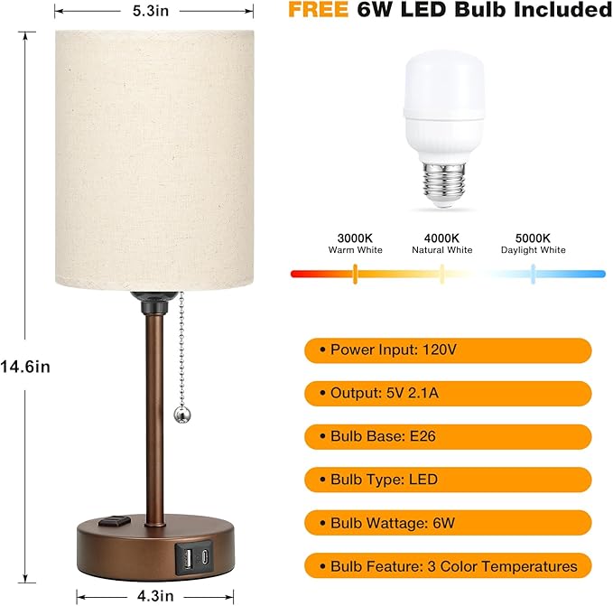 Dicoool Small Bedside Table lamp for Bedroom - 3 Color Temperatures Brown Bedside Lamps with USB C and A Ports, Pull Chain Table Lamps with AC Outlet, Black Nightstand Lamps for Kids Reading Study