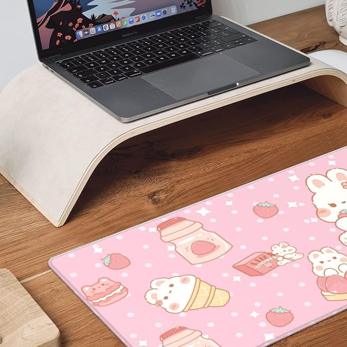 Kawaii Rabbit Strawberry Gaming Mouse Pad Extended Large Mouse Mat 31.5 X 11.8 Inch Nonslip Rubber Base Long Desk Pad Stitched Edges Mousepad Mice Pad for Office Home Game