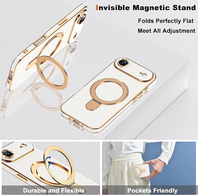 Compatible with iPhone 17 Air Case with Magnetic Ring Stand [Compatible with Mag-Safe] [Full Camera Lens Protector] Soft Plating Phone Case for iPhone 17 Air 6.5", White