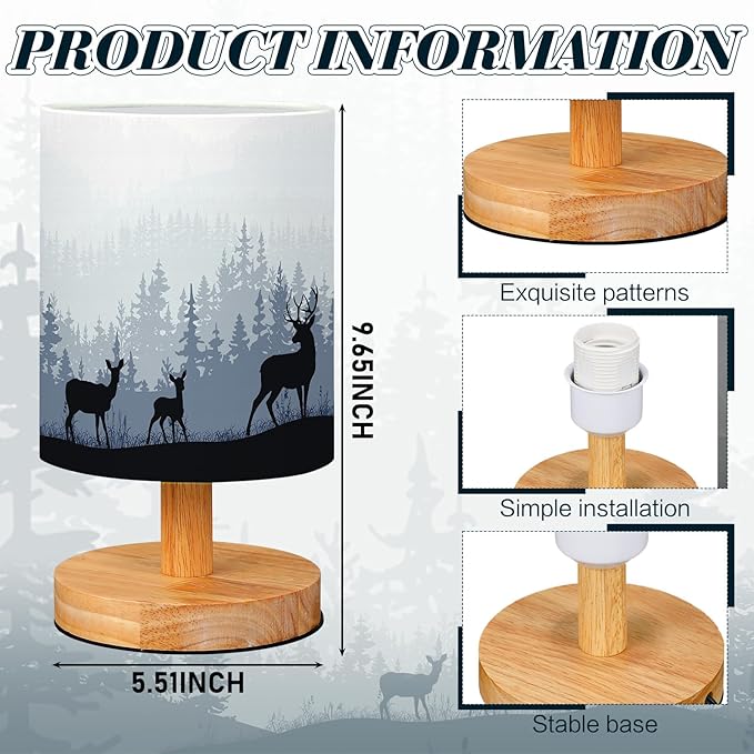 VIHOSE Woodland Deer Bedside Table Lamp Watercolor Winter Forest Tree Animal Deer Nightstand Lamp with Wood Base Fabric Lamp Shade Bedside Desk Lamp for Living Room Bedroom Kids Room Office