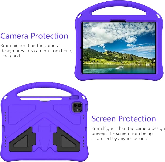 Kids Case for iPad Air 11 inch M4/M3/M2 (2026/2025/2024) with Pencil Holder/Shockproof Handle/Kickstand/Slim Lightweight Soft EVA Foam Folio Stand Tablet Protective Girls Boys Cover, Purple