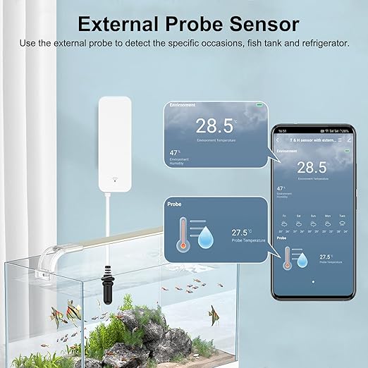 Smart Thermometer Hygrometer: WiFi Temperature Sensor with External Probe, Weather Function Thermometer Humidity Meter for Freezer, Aquarium, App Alert, Compatible with Alexa (Dual Detection 2PCS)