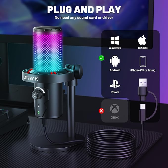 CMTECK USB Microphone for PC Gaming, Condenser Gaming Microphone with Quick Mute, RGB Indicator, Plug and Play, Desk Podcast Mic for Recording, YouTube, Streaming, Compatible with PS4/5/PC (Black)