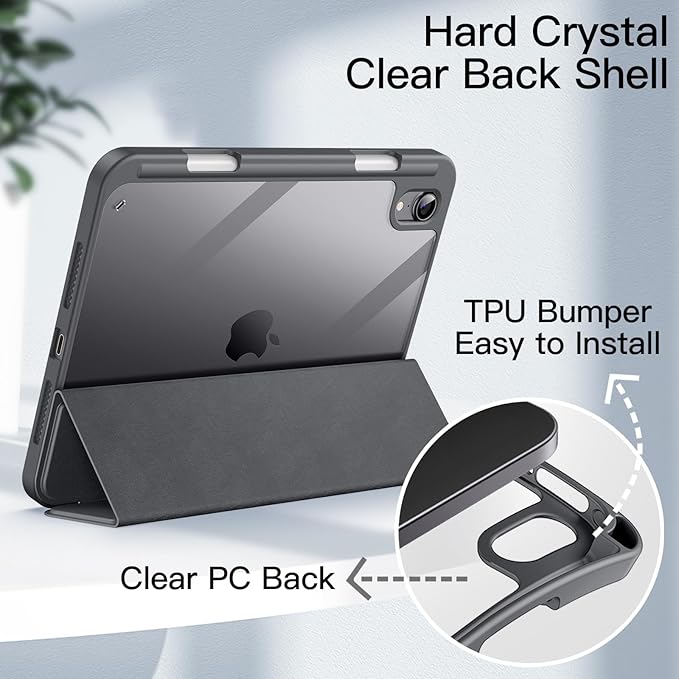 JETech Case for iPad mini (A17 Pro, 2024 Model, 7th Generation) / mini 6 (2021 Model, 6th Generation) with Pencil Holder, Clear Back Shell Slim Stand Tablet Cover, Auto Wake/Sleep (Space Gray)
