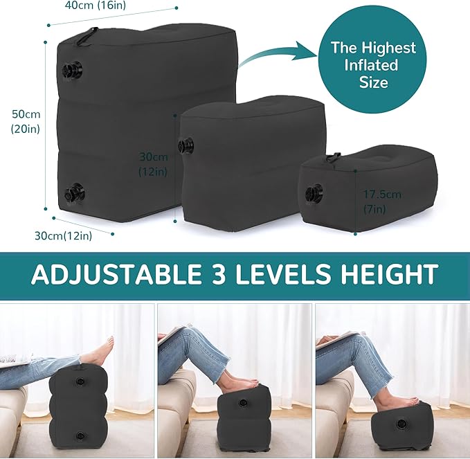 Inflatable Travel Foot Rest Pillow, Adjustable 3 Layers Height Leg Rest Pillow, Kids Airplane Bed, Adults Travel Essentials on Plane, Trains, Cars, Office, Home (Black, 2 PCS)