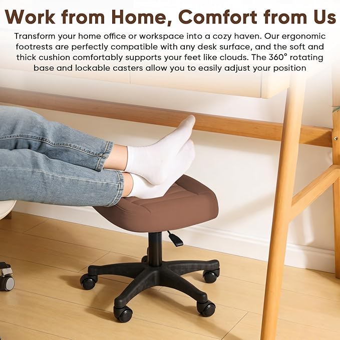 Height Adjustable Foot Stool,550lbs Heavy Duty Large Seat Under Desk Footrest,Swivel Rolling Chair Sturdy Wheels,2 in 1 Ottoman Stool Meeting Chair for Home Office,Browm