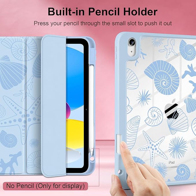 Case for iPad Air 11 inch M4 2026 M3 2025 M2 2024 Release with Pencil Holder Clear Back Shell Blue Lightweight Shockproof TPU Edge Trifold Stand Auto Wake Sleep Cute Cover, Starfish and Shells