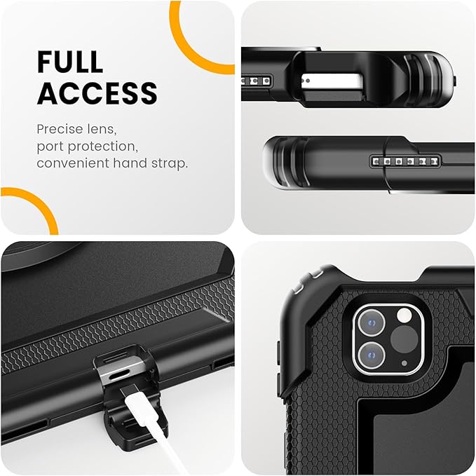 Timecity Case for iPad Pro 11 inch 1st, 2nd, 3rd, 4th Generation 2018/2020/2021/2022 (NOT for 2024), Heavy Duty Rugged Protective Case with Screen Protector,Pencil Holder,Rotating Stand&Handle-Black