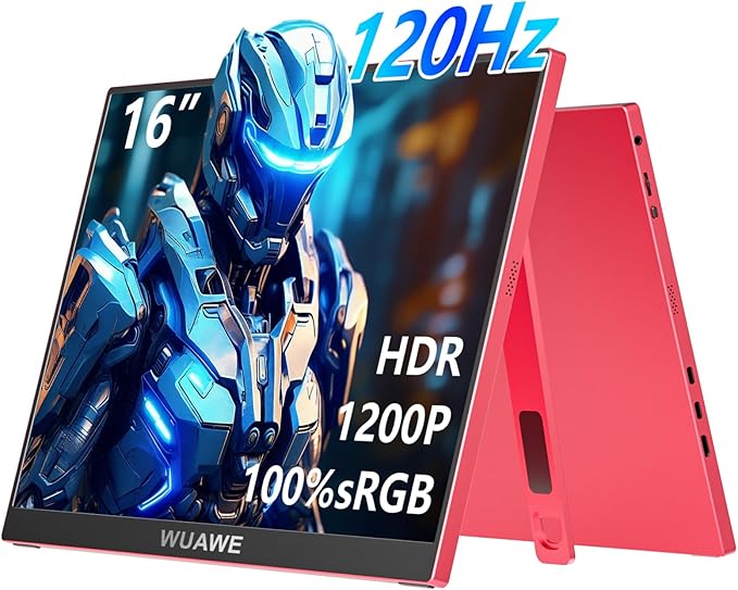 WUAWE 16 inch Portable Laptop Monitor, 100% sRGB Portable Gaming Monitor with Built-in Stand, HDR and Freensync, External USB C Monitor for Laptop, PC, Phone, Switch and PS5(Red)