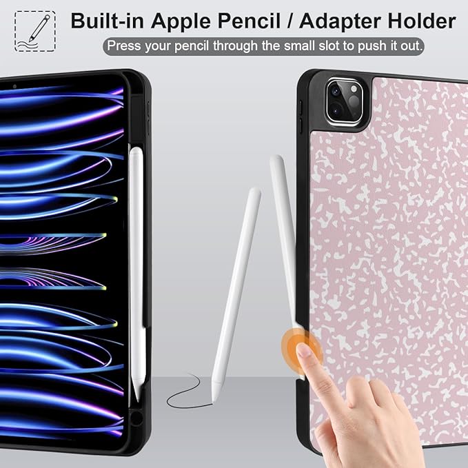 MEEgoodo for iPad Pro 12.9 Case M2 6th/5th/4th/3rd Generation 2022 2021 2020 2018 with Pencil Holder, Tablet Cover with Soft TPU Back Shell, Pink Composition Book