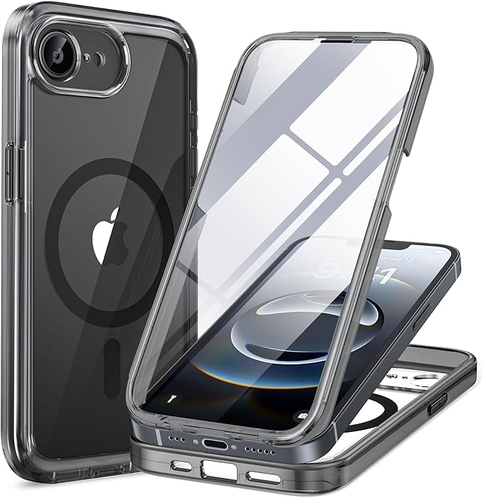 Miracase for iPhone 17e Case & iPhone 16e Case, Full-Body Phone with Built-in Glass Screen Protector, [Magnetic with MagSafe] Military Drop Proof 17 E/ 16 E Cover Bumper 6.1 inch, Clear Black
