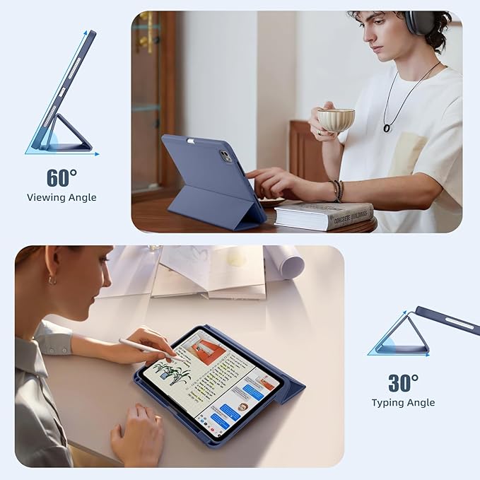 Kidopire New Compatible with iPad Pro 11 Inch Case (M4 2024/M5 2025) with Pencil Holder, Smart Cover with Protective Trifold Stand & Soft TPU Back, Auto Wake/Sleep, Support Pencil Pro, Blue Gray
