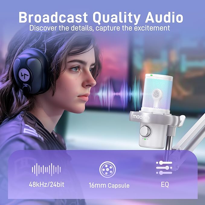 MAONO Wireless Gaming Microphone for PC, Condenser USB Mic with AI Voice Change, Noise Cancellation, RGB, Gain Control, Custom EQ for Streaming Recording Podcast PS5 PS4 Twitch YouTube, DM40 Pro White