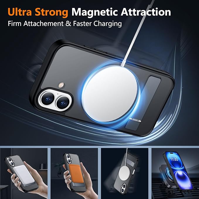 SPIDERCASE Magnetic for iPhone 16 Case,with [3 Stand Ways] [Military Grade Drop Protection] with Invisible Stand Shockproof Slim Phone Case for iPhone 16 6.1'',Black