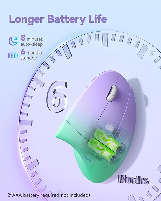 TECKNET 2.4G Ergonomic Mouse Vertical Wireless - 4800 DPI Optical Carpal Tunnel Mice Right Hand, 4800 DPI Adjustable, Quiet Clicks, 6 Buttons for Laptop, Desktop, PC, Computer - Green Purple