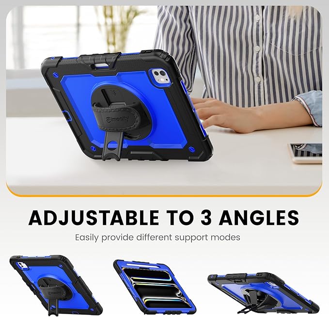 timecity Case for iPad Pro 11 Inch M5 2025 / M4 2024, 360° Rotating Stand, Pencil Holder & Wireless Charging, Shockproof with Screen Protector & Shoulder Strap -for Designers & Professionals,Dark Blue
