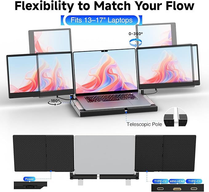 Laptop Screen Extender, 14" FHD 1080P Triple Portable Monitor for Laptops, Stretchable Base and Detachable Screen, Plug & Play, Monitor Extender for 13–17.3" Laptops, Compatible with Window/Mac/Chrome
