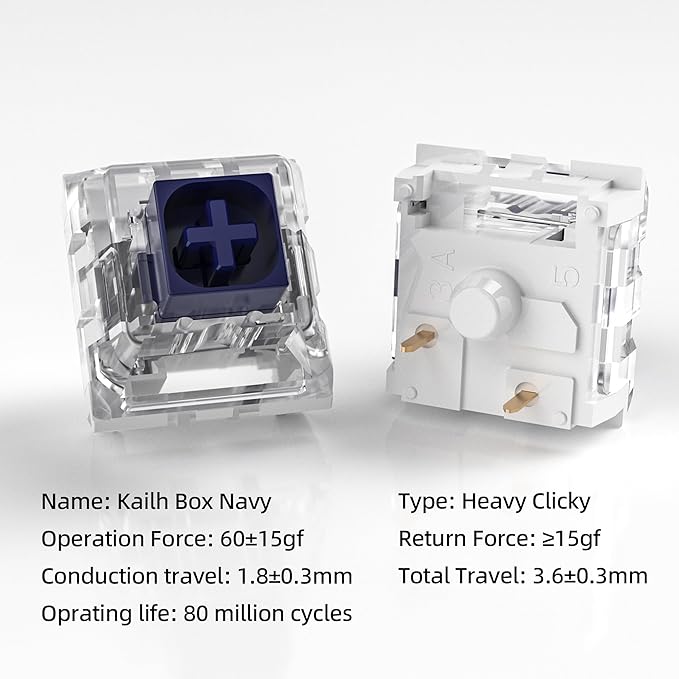Kailh Box Navy Switches for Mechanical Gaming Keyboard,3-Pin 60gf Clicky/Factory Lubed/IP56 Dust&Waterproof Switches(Kailh Box Navy,72Pcs)