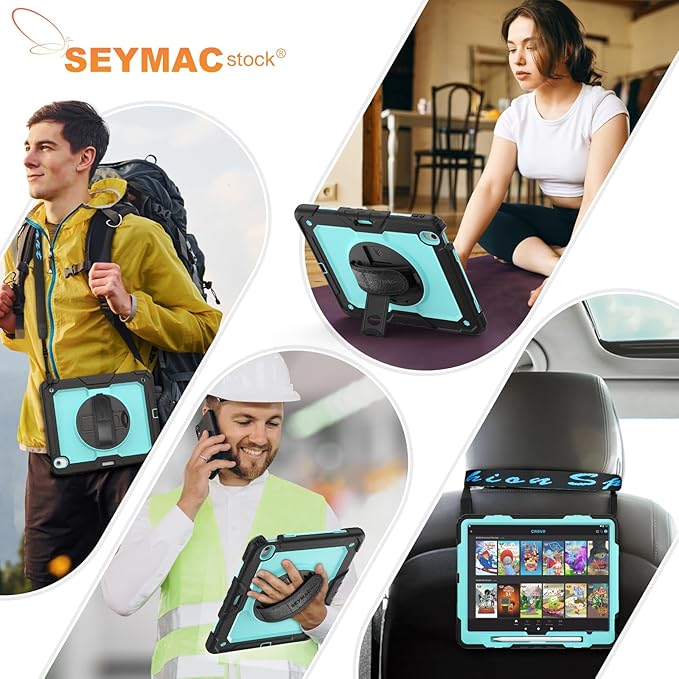 SEYMAC stock Case for iPad Air 13-inch M4-M2 2026-2024 (Gen 8-6), Shockproof Heavy Duty Case with Screen Protector, Pencil Holder, Rotating Stand, Hand Strap, Shoulder Strap, SkyBlue