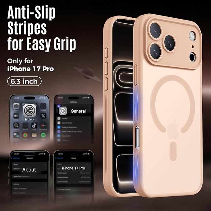 Symcele Designed for iPhone 17 Pro Case, Compatible with MagSafe, [Camera Protection] [15FT Military Drop Protection] Shockproof Translucent Matte Anti-Slip Phone Case, 6.3", Light Brown