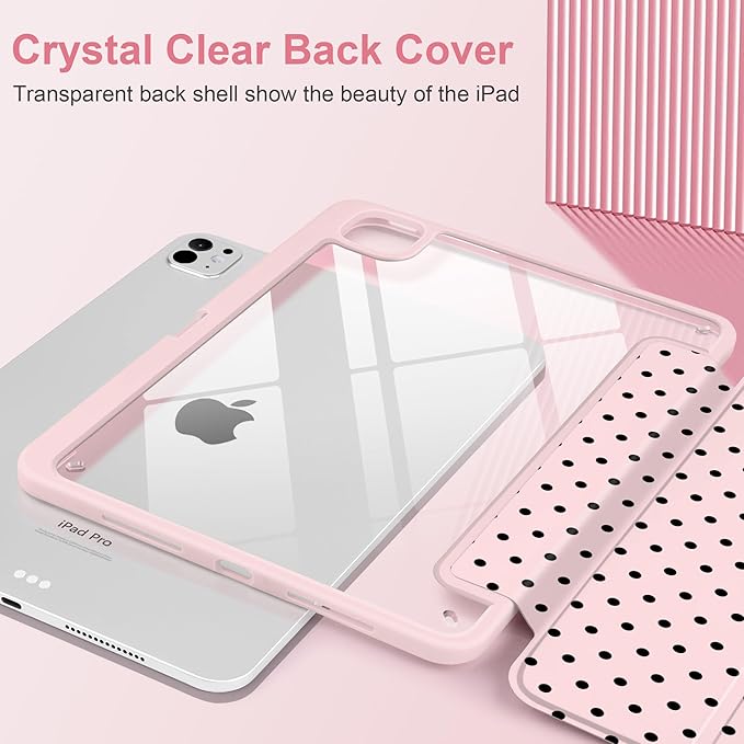Case for iPad Pro 11 Inch (M5 2025 M4 2024) – [Built-in Pencil Holder], Shockproof & Stylish, Clear Hard Back + Soft TPU Edge, Magnetic Trifold Stand, Auto Wake/Sleep, Pink Polka dot