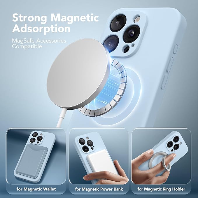 Magnetic for iPhone 15 Pro Max Case, Compatible with MagSafe, [Full Camera Protection][Screen Protector] Silicone Shockproof Protective Phone Case for iPhone 15 Pro Max 6.7", Light Blue