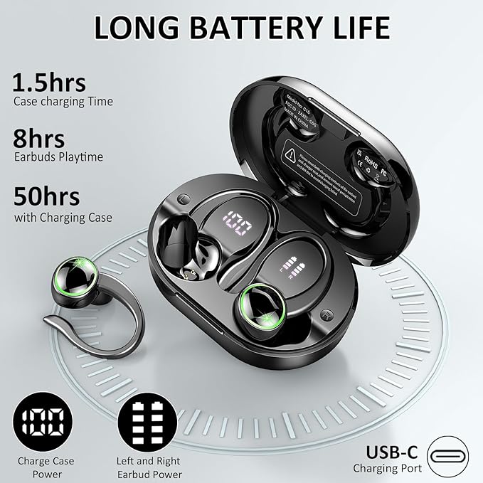 2026 Wireless Earbuds, Bluetooth 5.4 Headphones Sports, 50 Playback Over-Ear buds with ENC Noise Cancelling Mics, Deep Bass Fitness Earphones Gym Running Workout, IP7 Headset with Earhook, LED Display