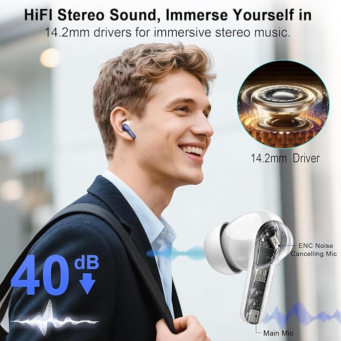 Wireless Earbuds, Bluetooth Headphones 5.4 HiFi Stereo, Ear Buds with 4 ENC Noise Cancelling Mics, 48H Bluetooth Earbuds with Dual LED Display, IP7 Waterproof in Ear Earphones, Deep Blue
