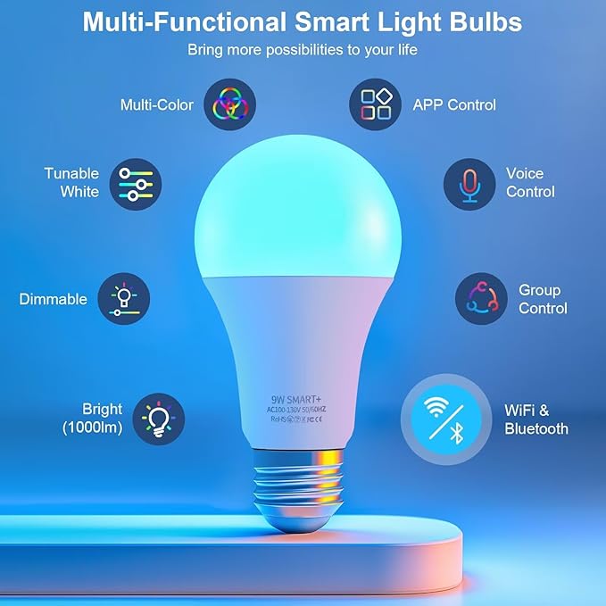 FRIDEKO HOME LED Smart Light Bulbs - Wi-Fi & Bluetooth Light Bulbs, Color Changing Light Bulb Compatible with Alexa and Google Assistant, A19 E26 RGBTW Light Bulb, 800LM (4 Pack)
