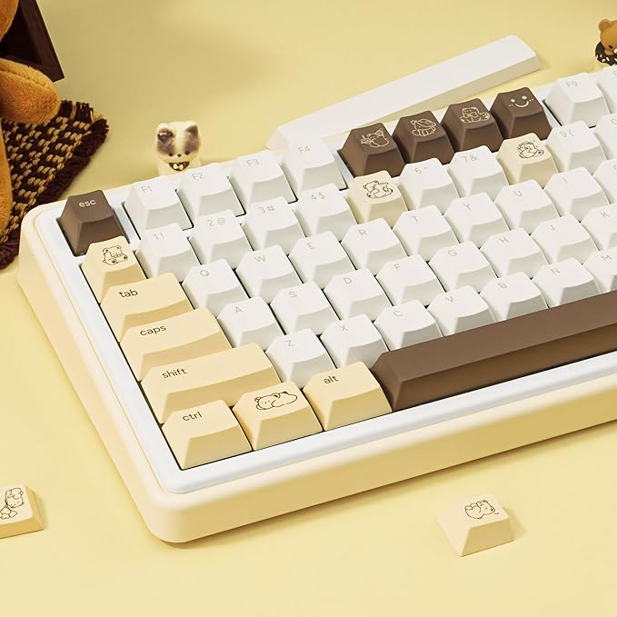 Little Bear Keycaps 134 Keys - Cherry Profile Custom PBT Key Caps, Dye-Sublimation Cute Yellow and White Keycap Set for Cherry MX Switches Mechanical Keyboards (60%/65%/75%/80%/100% Layout)