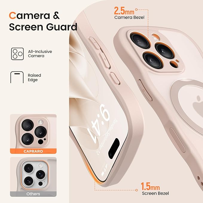 CAPRARO for iPhone 16 Pro Max Case with 360° Spin Magnetic Stand for Women, [Compatible with MagSafe] [Full Camera Protection] Cute Wave Translucent Matte Case for iPhone 16 Pro Max, Rose Gold