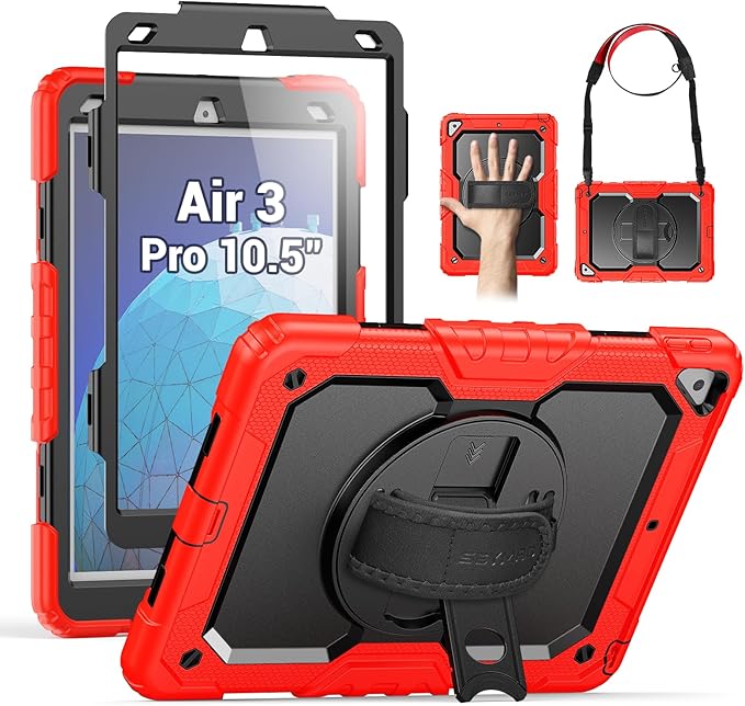 SEYMAC for iPad Air 3/ Pro 10.5 inch Case, Heavy Duty Full-Body Shockproof Protective Case with Screen Protector, 360° Rotating Stand, Hand/Shoulder Strap for iPad Air 3rd Gen, Red