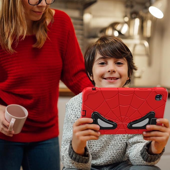 Case for Samsung Tab A7 Lite 8.7 inch 2021 Release SM-T220/T225/T227u, Shockproof Cute Kids Silicone Protective Cover for Galaxy Tab A7 Lite 8.7 inch with Kickstand Shoulder Strap, Red+Black