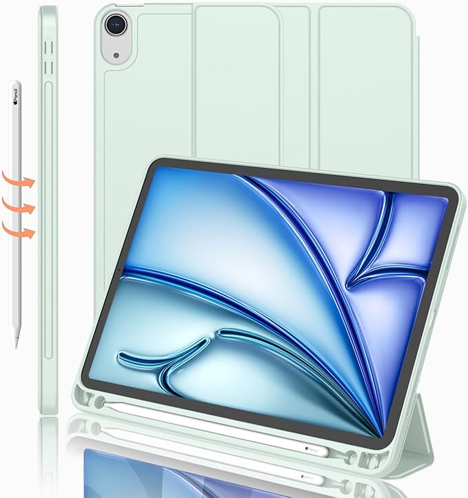 iMieet iPad Air 11 Inch Case M4/M3/M2(2026/2025/2024), iPad Air 5th/4th Generation Case 2022/2020 10.9 Inch with Pencil Holder,Trifold Stand Smart Case with Soft TPU Back(Pale Green)