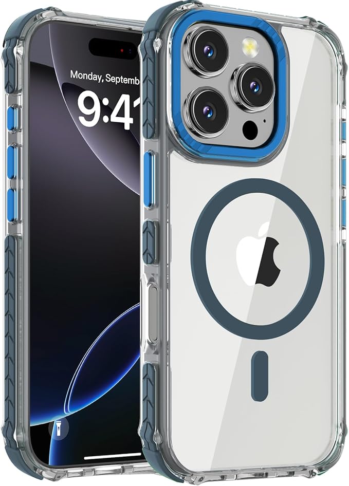 DEERLAMN Strong Magnetic Case for iPhone 16 Pro 6.3-Inch,[Compatible with Magsafe] Clear Slim Shockproof Protective Phone Cover for Women Men-Transparent+Blue