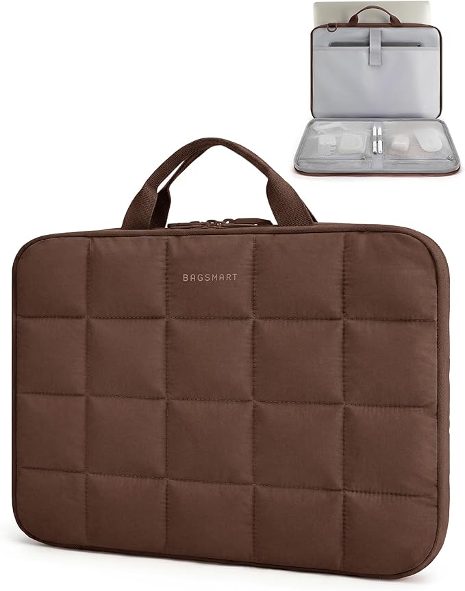 BAGSMART Laptop Case with Handle, Puffy Laptop Sleeve Bag for Women, MacBook Case for Dell, HP, Lenovo, MacBook Air/Pro, 13-14 inch, Coffee Brown