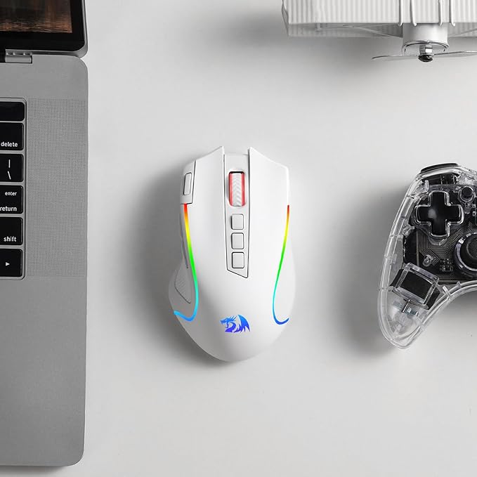 Redragon M612 PRO RGB Gaming Mouse, 8000 DPI Wired/Wireless Optical Mouse with 9 Programmable Buttons & 6 Backlit Modes, BT & 2.4G Wireless, Software Supports, White
