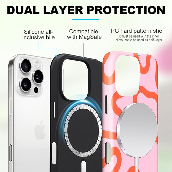 Magnetic for iPhone 14 Pro Max Case Cute Curved Stripes Phone Case, Shockproof Slim TPU and Hard PC Protective Phone Cover Compatible with MagSafe Designed for Women Girls,Pink