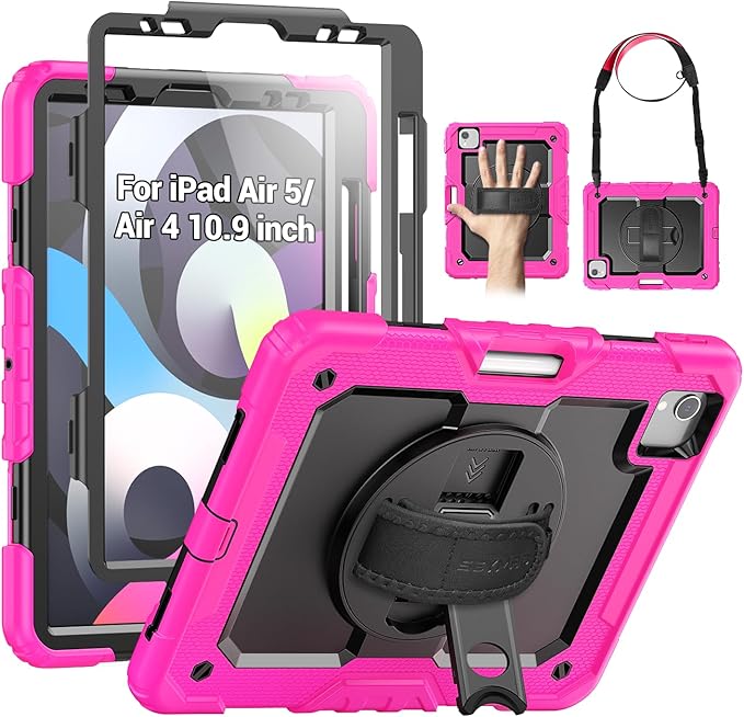 SEYMAC Case for iPad Air 5th/ 4th Generation 10.9 Inch, Full-Body Shockproof Protective Case with Screen Protector, Rotating Stand/Handle/Shoulder Strap for iPad Air 5/ Air 4, Black/Pink
