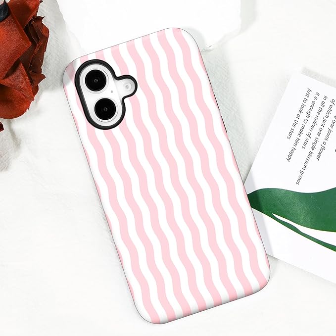 Magnetic for iPhone 16 Case Cute Wavy Stripes Phone Case, Shockproof Slim TPU and Hard PC Protective Phone Cover Compatible with MagSafe Designed for Women Girls, Pink