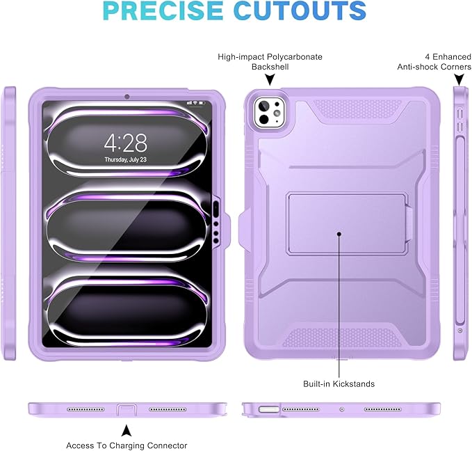 Soke Case for iPad Pro 11 Inch (M5) 2025/ (M4) 2024, with Built-in Screen Protector & Kickstand, Rugged Full Body Heavy Duty Protective Cover with Pencil Holder - Violet