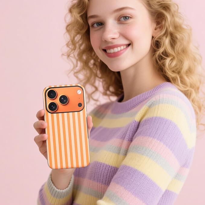 Magnetic for iPhone 17 Pro Case Cute Stripes Phone Case, Shockproof Slim TPU and Hard PC Protective Phone Cover Compatible with MagSafe Designed for Women Girls, Orange
