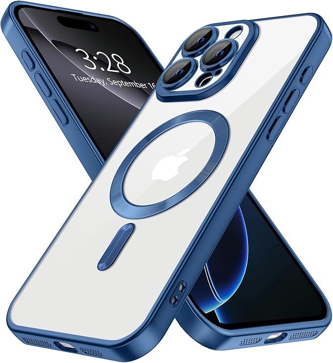 Hython Magnetic Clear for iPhone 16 Pro Case with Camera Lens Protector [Compatible with MagSafe] Luxury Plating Edge Slim Soft TPU Cover Protective Phone Case for iPhone 16 Pro 6.3", Matte Deep Blue