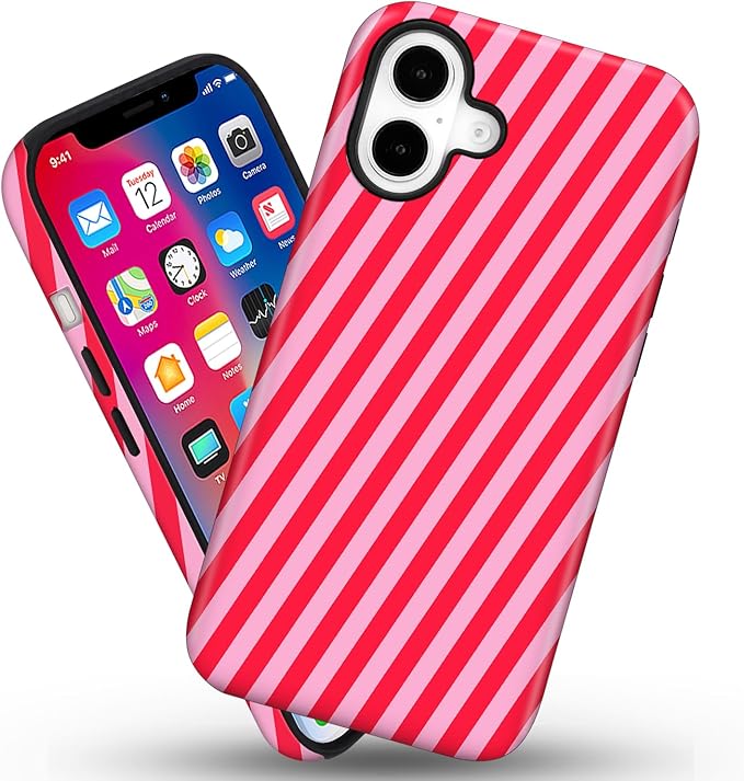 Magnetic for iPhone 17 Case Cute Diagonal Stripes Phone Case, Shockproof Slim TPU and Hard PC Protective Phone Cover Compatible with MagSafe Designed for Women Girls,Red