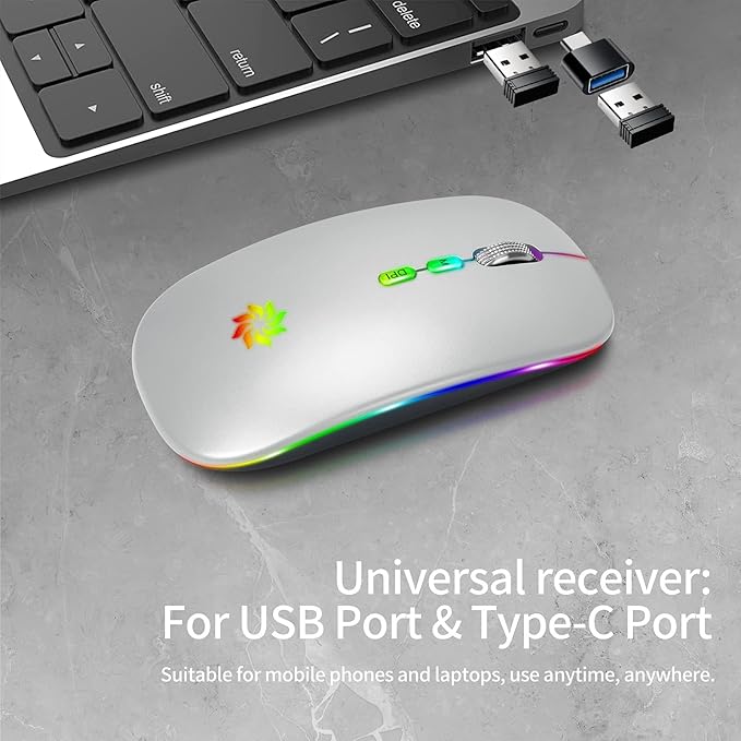 KBCASE Wireless Mouse, LED Wireless Mouse for Laptop, Slim Silent Mouse 2.4G Rechargeable Wireless Computer Mouse for Laptop, MacBook, iPad, Chromebook, with USB & Type-c Receiver
