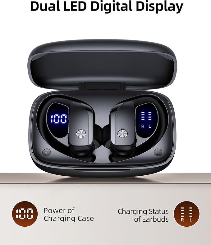 bmanl Wireless Earbuds Bluetooth Headphones Over Ear Hooks Ear Buds with 80H Playtime, LED Power Display, Dual Mic Clear Calls, Sports Wireless Ear Buds Bluetooth Earbuds for Running Gym Workout Black