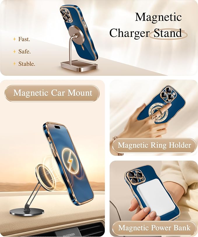 GVIEWIN for iPhone 16 Pro Max Case Compatible with MagSafe, Upgraded [Full Camera Protection][Cute Wave Frame][Military Grade Protection] Electroplated Soft Phone Cover for Women Girl, Blue