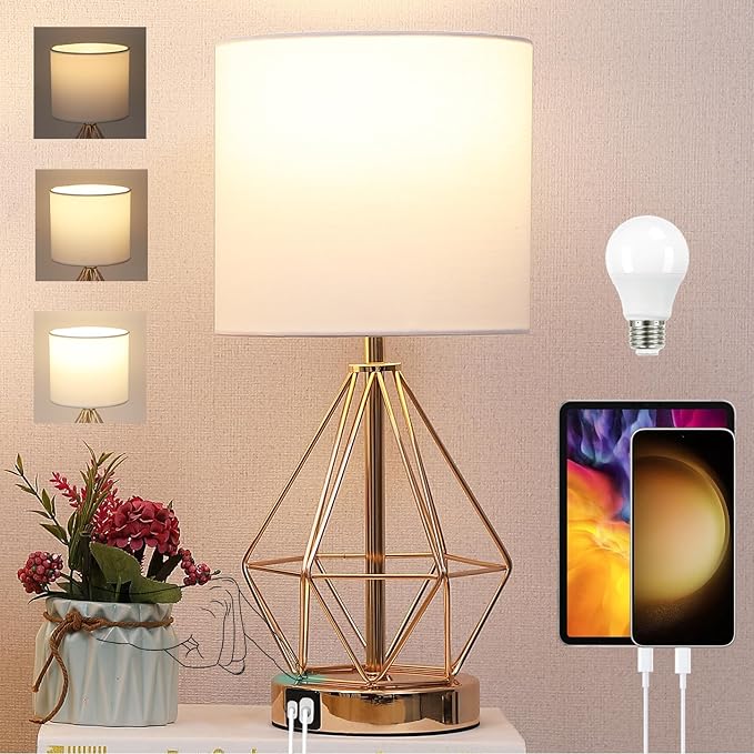 Table Lamp with USB Port, 3 Way Dimmable Touch Lamps for Nightstand, Modern Small Bedside Lamp with Fabric Shade, Gold Side Table Lamp for Bedroom Living Room, USB A & C, LED Bulb Included